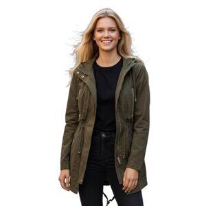 Women's‎ Small Petite Green Chore Jacket. Utility. Barn.  Hood. Zippers. Snaps